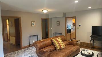 Smart TV, fireplace, books
