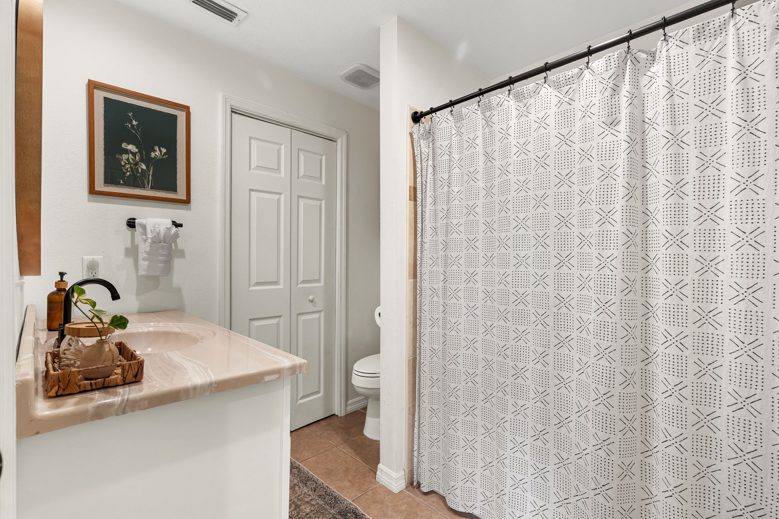 A bathroom with a white sink, a framed picture on the wall, a toilet, and a patterned shower curtain.