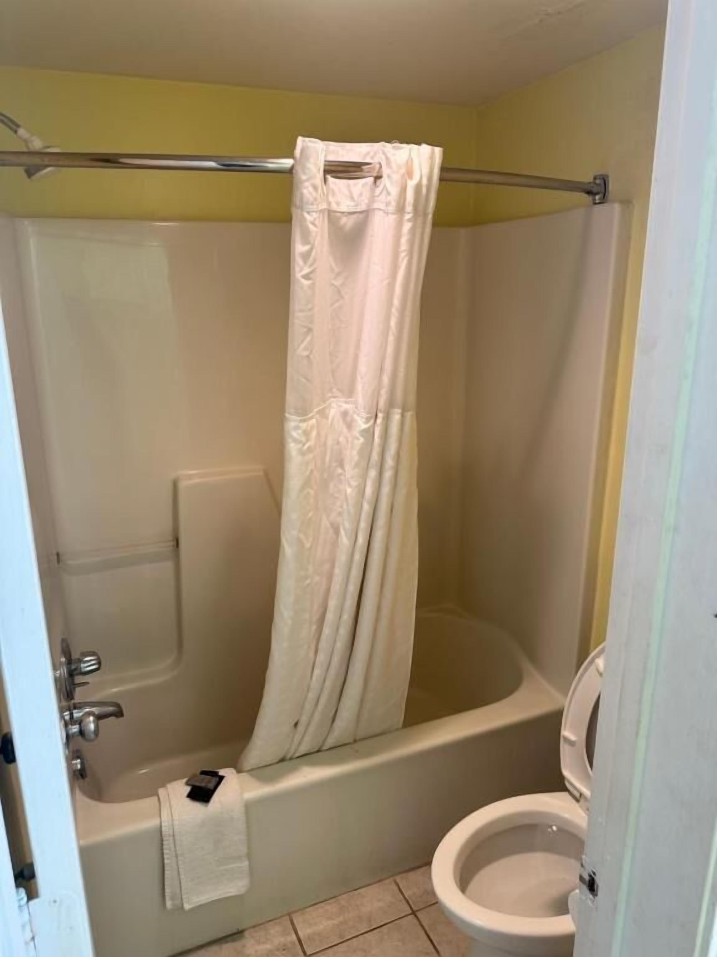 Bathtub, towels, soap, shampoo