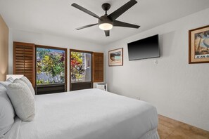 Ein Schlafzimmer mit Bett, Deckenventilator, Fernseher und einem Fenster mit Rollläden.