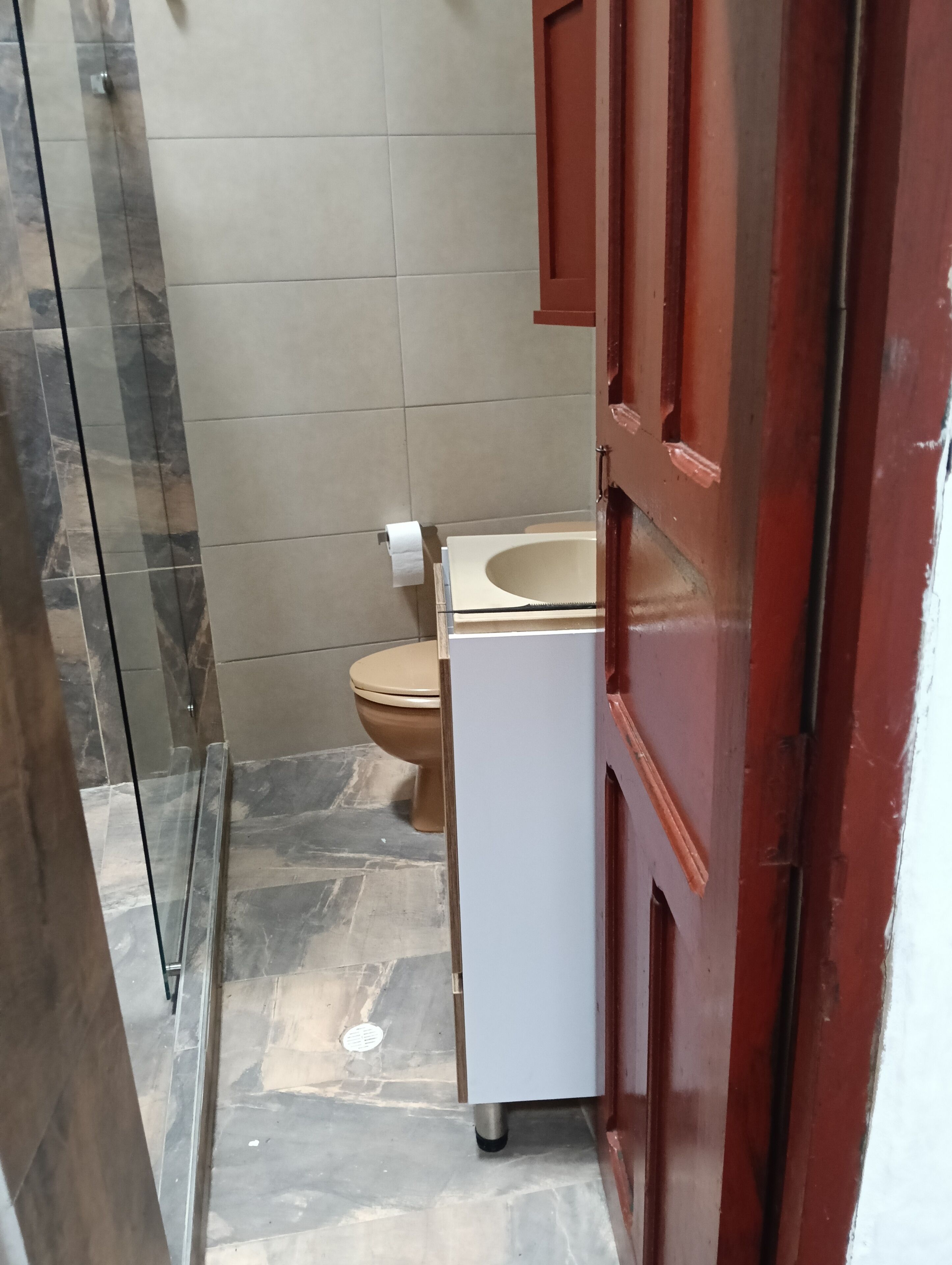 Une salle de bain comprenant des toilettes, un miroir et un espace douche.