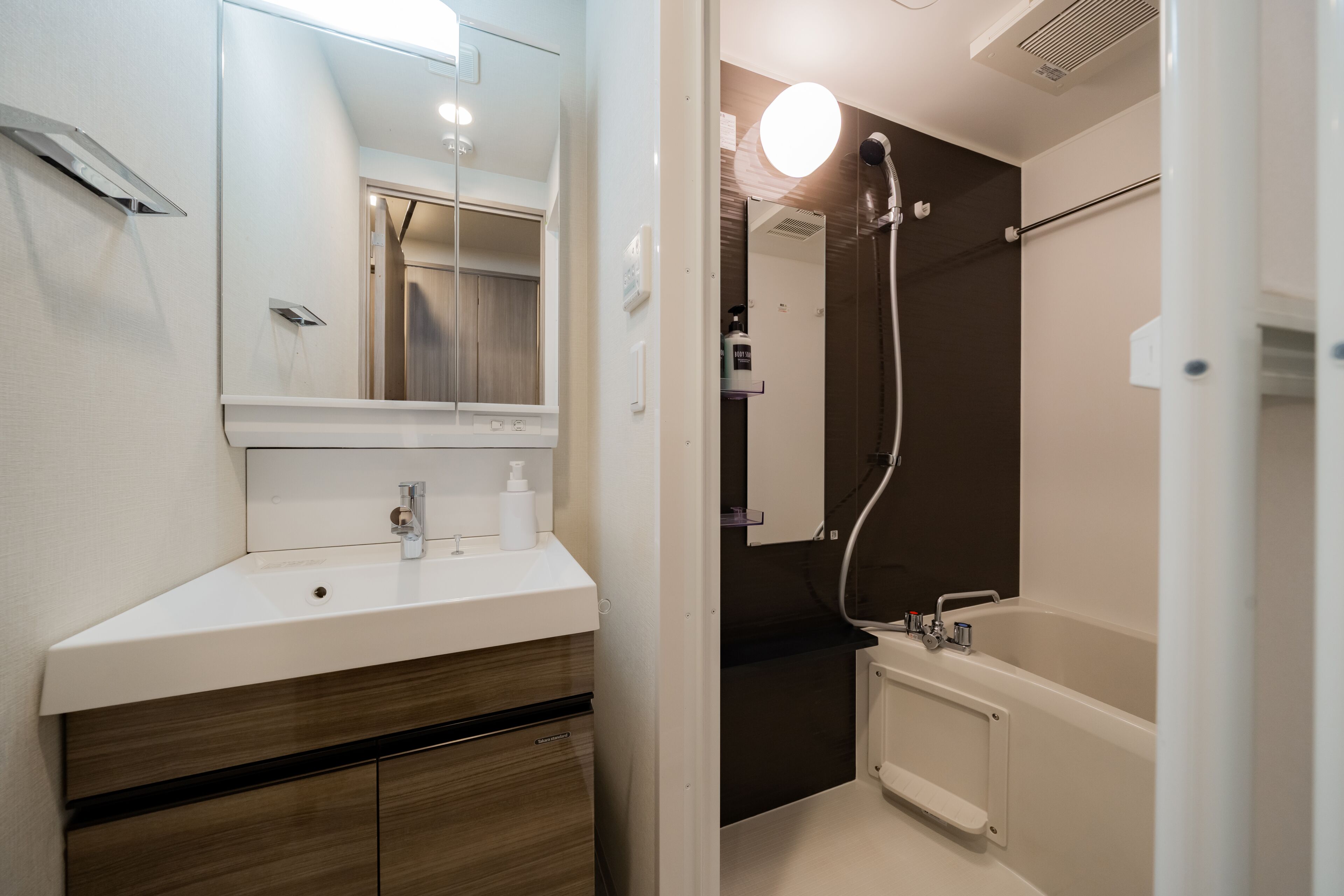 Un baño moderno con lavabo, espejo y ducha blancos.
