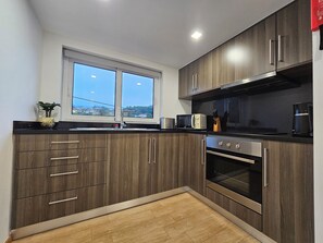 A modern kitchen with wooden cabinets, a built-in oven, a microwave, and a window overlooking a residential area. - Grandfather's House (Santana)
