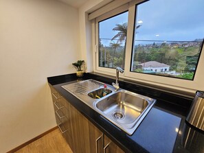 Eine Küche mit einem doppelten Waschbecken, Holzschränken und einem Fenster mit Blick auf eine Wohngegend.