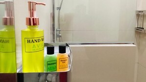 Et badeværelse med brusebad, håndvask og toiletartikler.