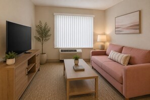 Ein Wohnzimmer mit Flachbildfernseher, einer Couch, einem Couchtisch, einer Topfpflanze und einem Fenster mit Jalousien.