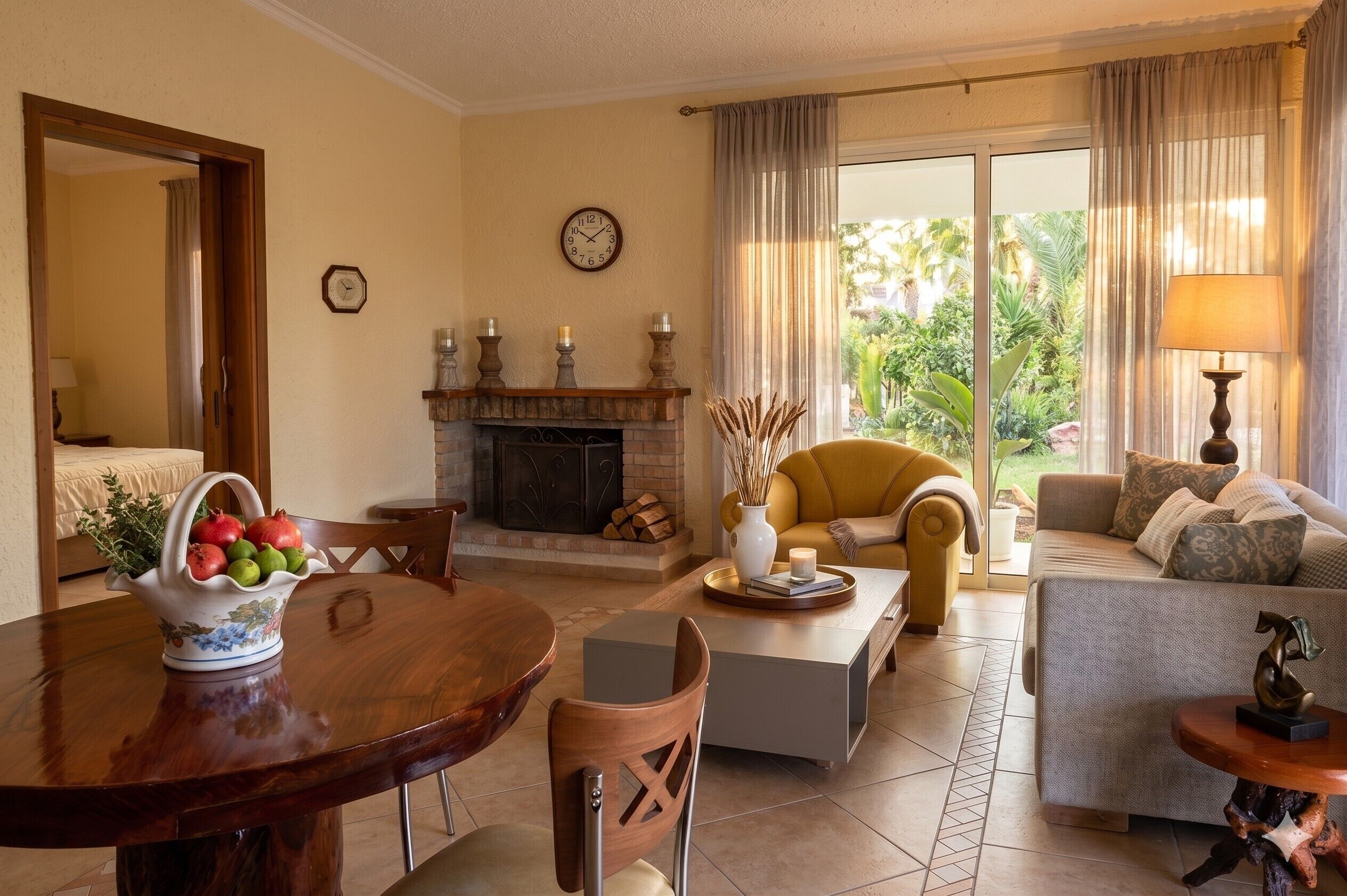 Una televisión, una chimenea, una mesa de tenis de mesa