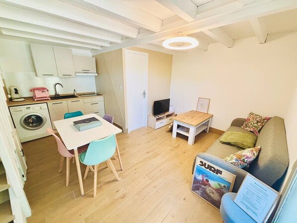 Un espace de vie compact comprenant un coin repas, un canapé, un téléviseur et un lave-linge.