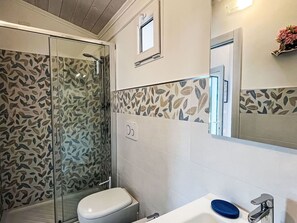 Un bagno con box doccia in vetro, un water, un lavandino con un portasapone blu e uno specchio.