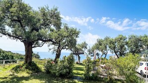 A tree-lined pathway with a view of the sea, a white car, and a signpost. - Nice apartment in villa for 2 guests with WIFI, TV, balcony and pets allowed (Finale Ligure)