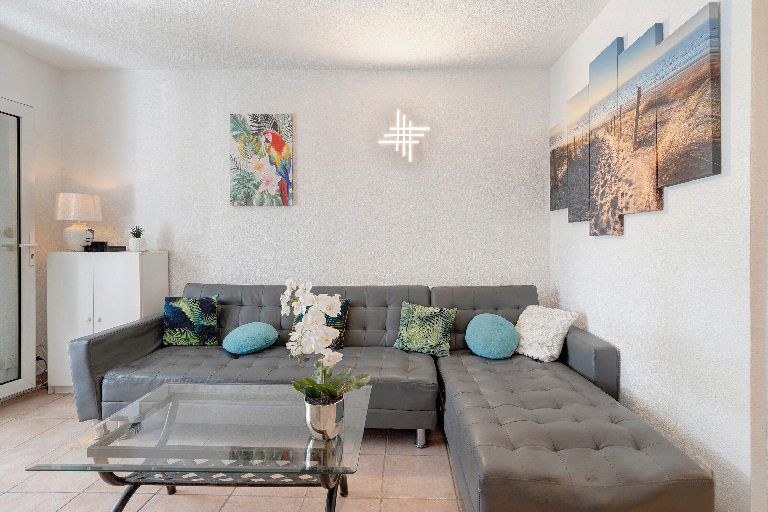 Ein Wohnzimmer mit einem grauen Sofa, einem Glastisch und einer Topfpflanze.