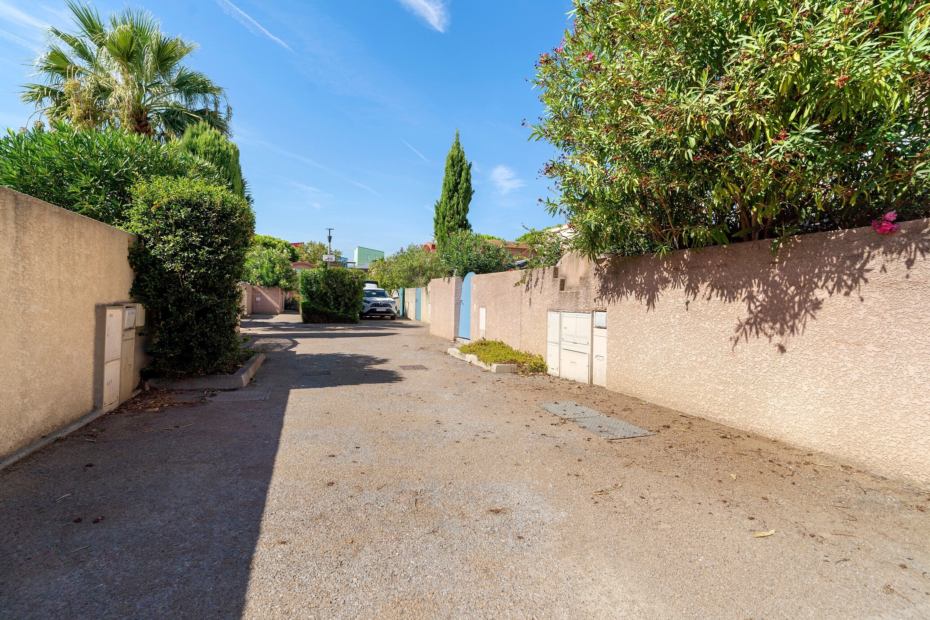 A narrow alleyway with a gravel path, flanked by walls with greenery and a tall tree.