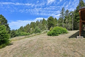A grassy slope with dense forest in the background, a wooden structure on the right, and a clear blue sky. - Seaside Ridge Above the Fog | Hot Tub, Ocean View (Gualala)