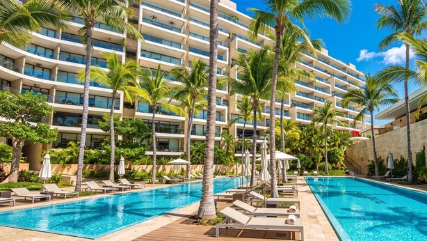 Un hôtel doté d’une piscine, de palmiers et d’un bâtiment à plusieurs étages.