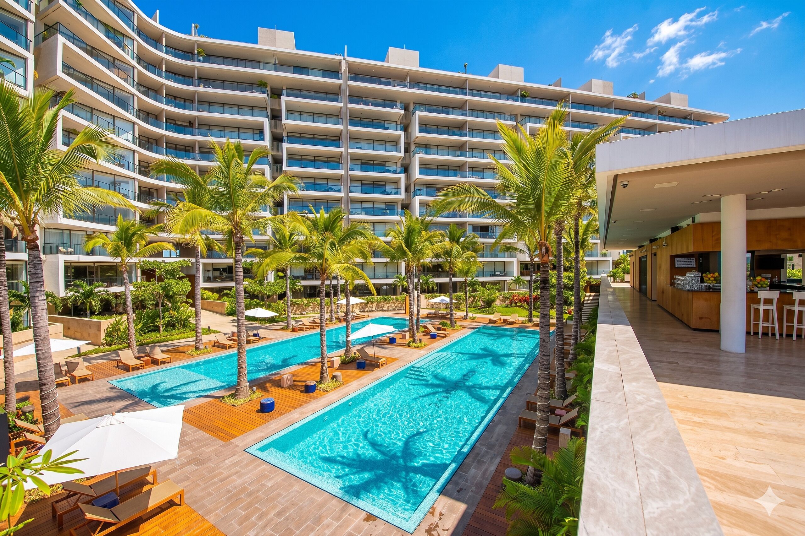 Un hôtel doté d’une grande piscine, de palmiers et d’un bâtiment moderne avec de nombreux balcons.