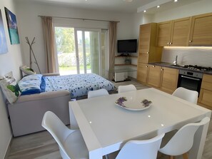 Een moderne slaapkamer met een bed, een televisie en een keukenhoek met houten kastjes en een fornuis.