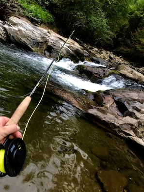 Uma mão segurando uma vara de pesca sobre um rio, com pedras e vegetação ao fundo.