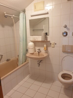 Une salle de bain équipée d’une baignoire, d’un lavabo, de toilettes et d’une douche.