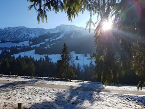 A snowy mountain landscape with a clear sky and sunlight. - Apartment "Hirschberg" with Mountain View, Balcony and Wi-Fi (Bad Hindelang)