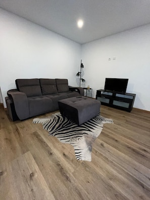 A modern living room with a grey sofa, a zebra-patterned rug, a small ottoman, a floor lamp, and a TV stand.
