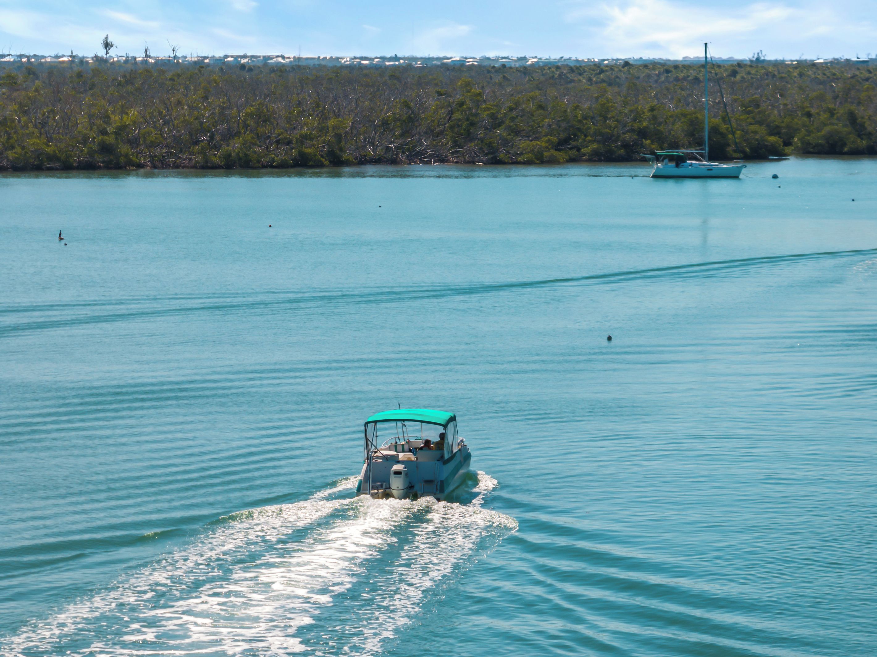 A boat moving across a calm body of water with a forested shoreline in the background.