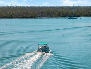 A boat moving across a calm body of water with a forested shoreline in the background. - Coastal Retreat | Bay Views, Kayaks & Beach Access (Englewood)