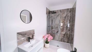 Shower, hair dryer, towels, shampoo