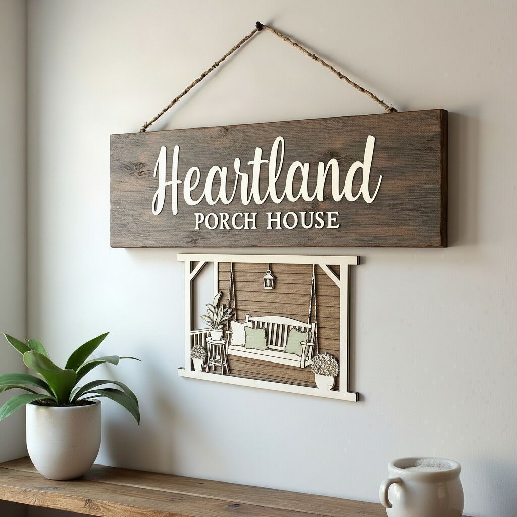 Un letrero de madera con el texto 'Heartland Porch House' colgado en una pared.