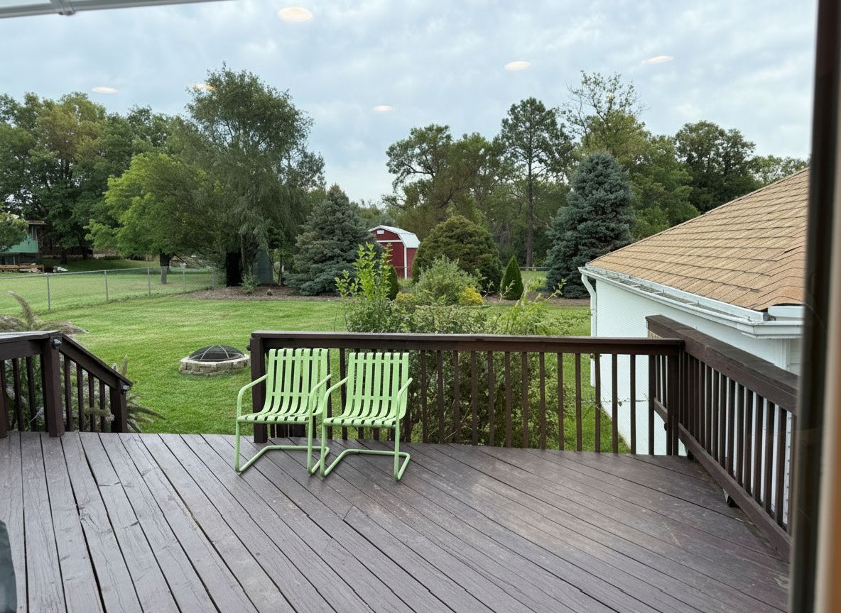 Una terraza de madera con una silla verde, con vista a un patio cubierto de césped, árboles y un granero rojo.