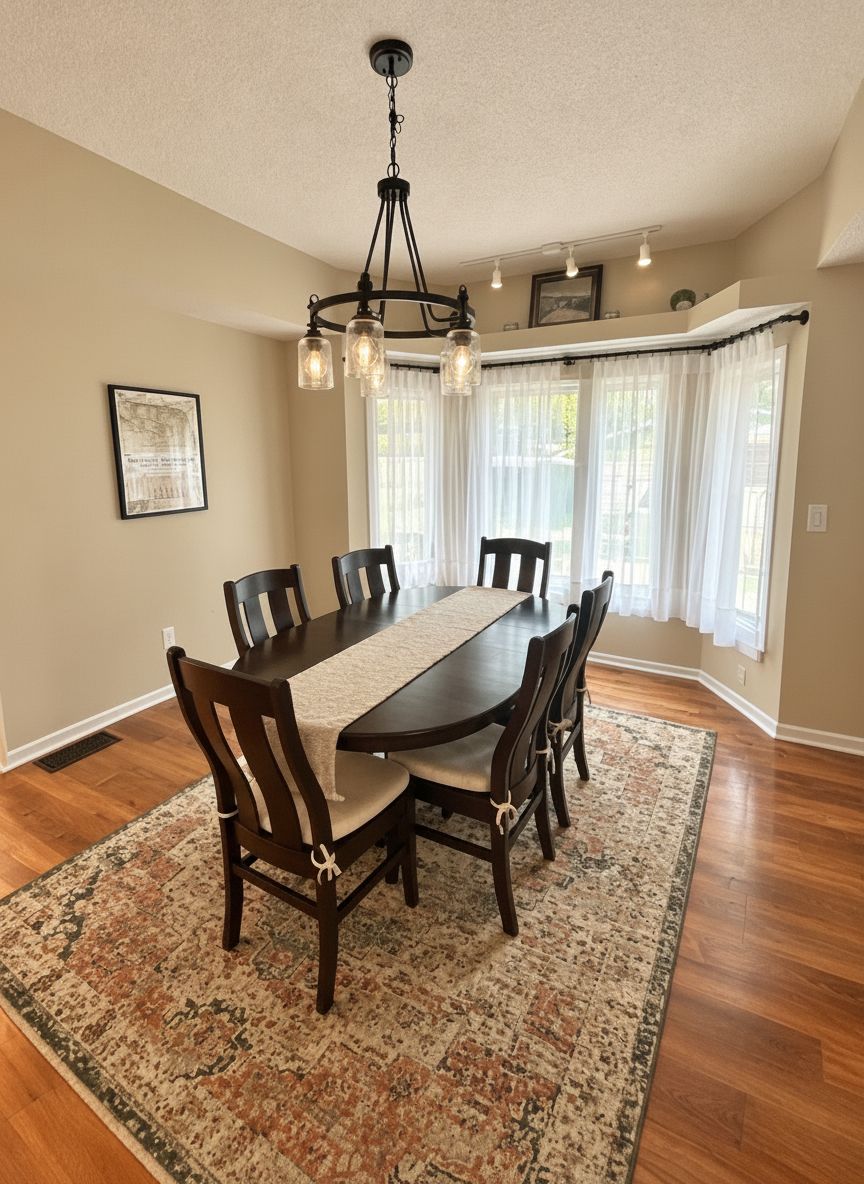 A dining room with a wooden table, chairs, a patterned rug, and a chandelier.