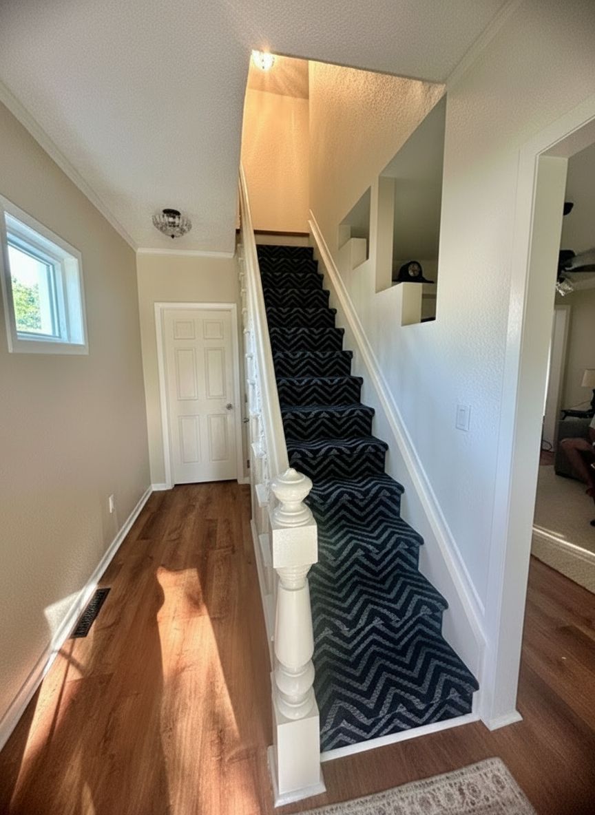 Una escalera con un estampado de zigzag en la alfombra, una puerta blanca en la parte superior y una ventana a la izquierda.