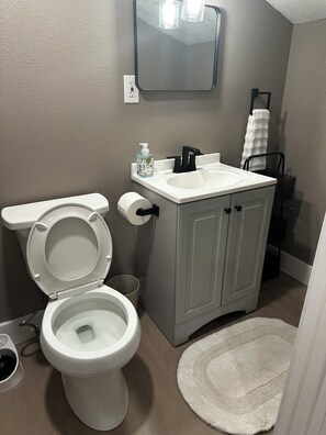 Une salle de bain avec des toilettes, un lavabo, un miroir et un tapis blanc.