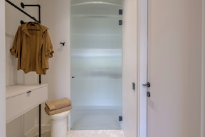 A bathroom with a glass shower door, a towel on the floor, and a brown jacket hanging on a rack. - Sunny Central Retreat with Private Plunge Pool (Athina)