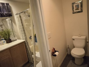 A bathroom with a shower, toilet, and sink. - 1-bedroom bed & breakfast in delightful Las Vegas with AC (Las Vegas)