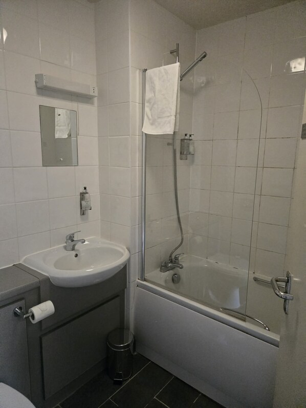 Et badeværelse med vask, spejl, håndklædetørre, bruser og toilet.