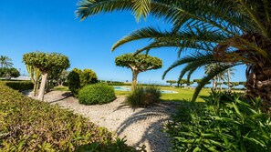 Un jardin bien entretenu, avec des haies taillées avec soin, des palmiers et un ciel d’un bleu éclatant.