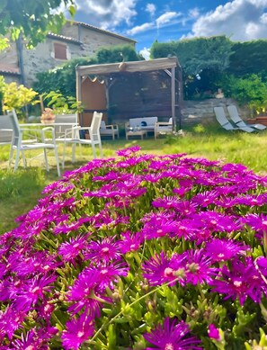 A garden with purple flowers, outdoor seating, and a building in the background.