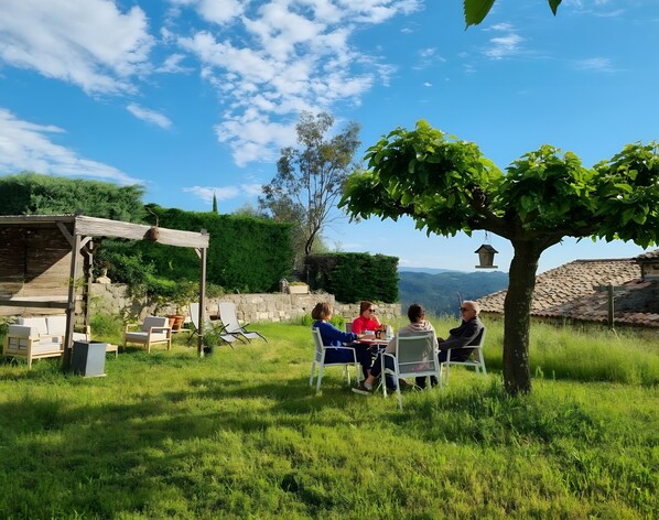 A group of people seated at a table outdoors, surrounded by greenery and a stone wall.