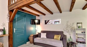 Un salon avec une porte de couleur turquoise, un canapé gris, un téléviseur, une bibliothèque et une petite table sur laquelle est posé un vase.