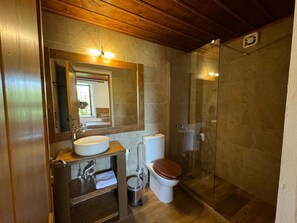 Ein Badezimmer mit einem Holzlagerfläschchen, einem großen Spiegel, einer Toilette und einer Duschkabine.