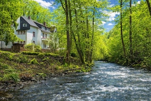A house by a river with a forest backdrop. - Wald Villa Üssbach- Your paradise between Cochem and Zell at the Moselle (Alf)
