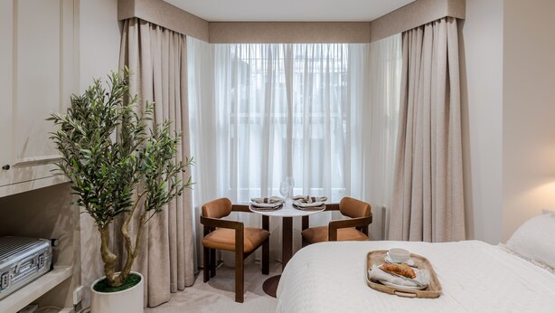 Ein Hotelzimmer mit Bett, einem Esstisch mit Stühlen, einer Zimmerpflanze und einem Tisch mit einer Essschale.
