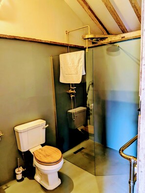 Et badeværelse med toilet, bruseniche og glasdør.