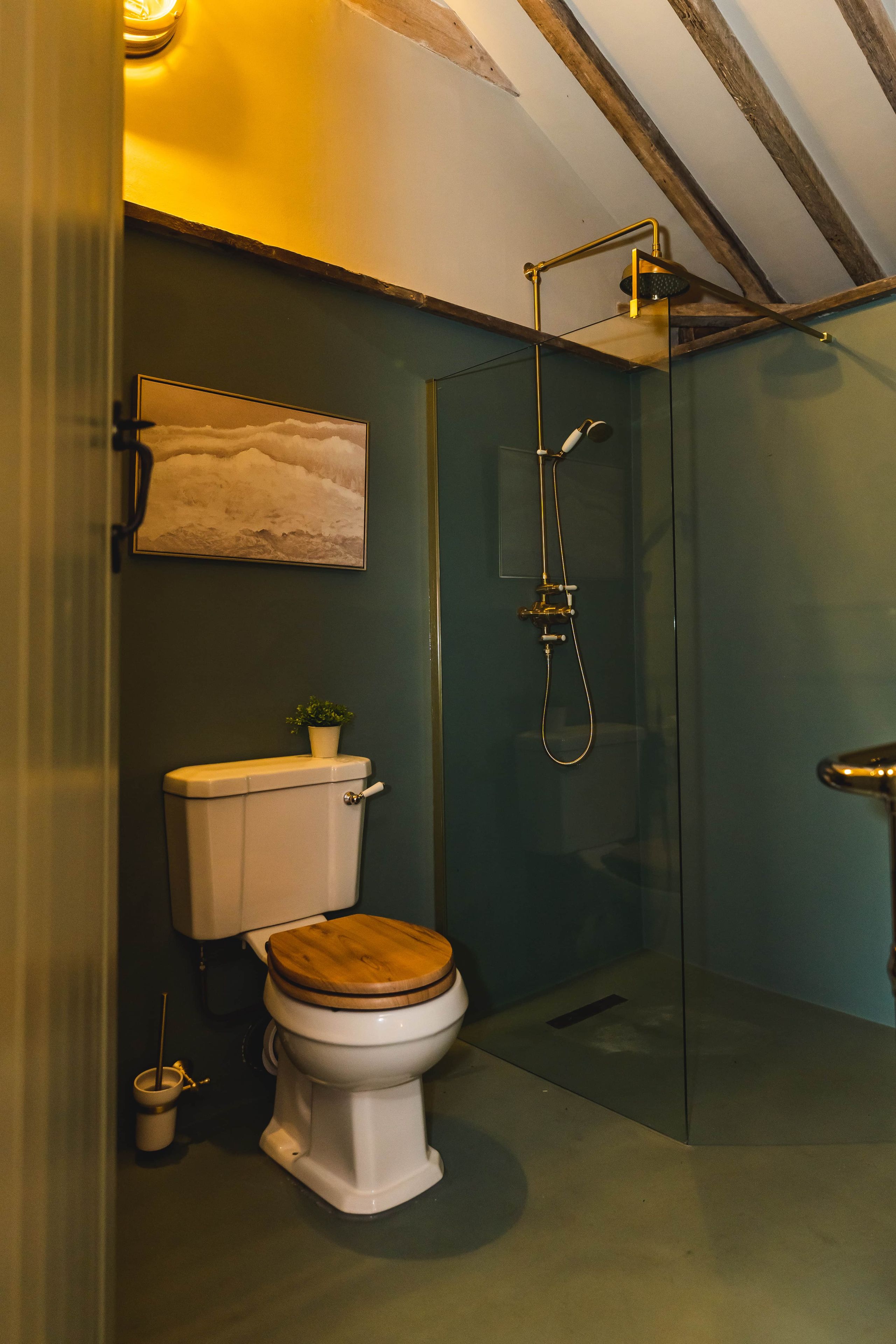 A modern bathroom with a glass shower enclosure, a toilet with a wooden seat, and a small potted plant on the floor.