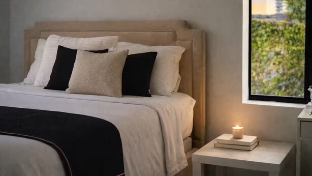 A bedroom with a bed, pillows, a bedside table with a book and a candle, and a window with a view. - Miami Luxury 2BR, FIFA Ready, Brickell (Miami)