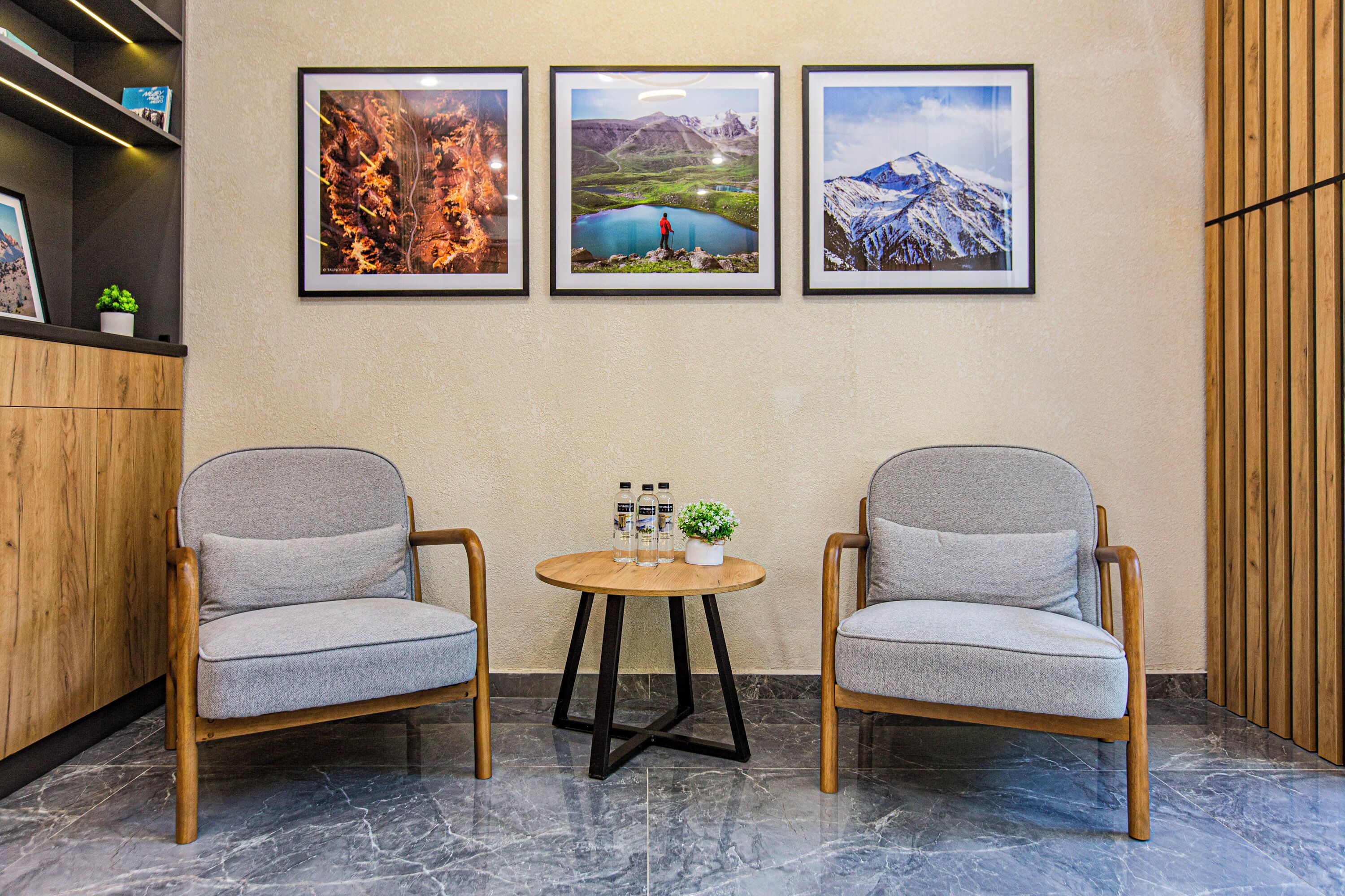 A room with two grey armchairs, a small wooden table with a plant and bottles, and three framed pictures on the wall.