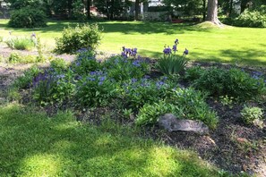 Un jardin agrémenté d’une variété de plantes et de fleurs, d’un élément décoratif en pierre et d’une pelouse bien entretenue.
