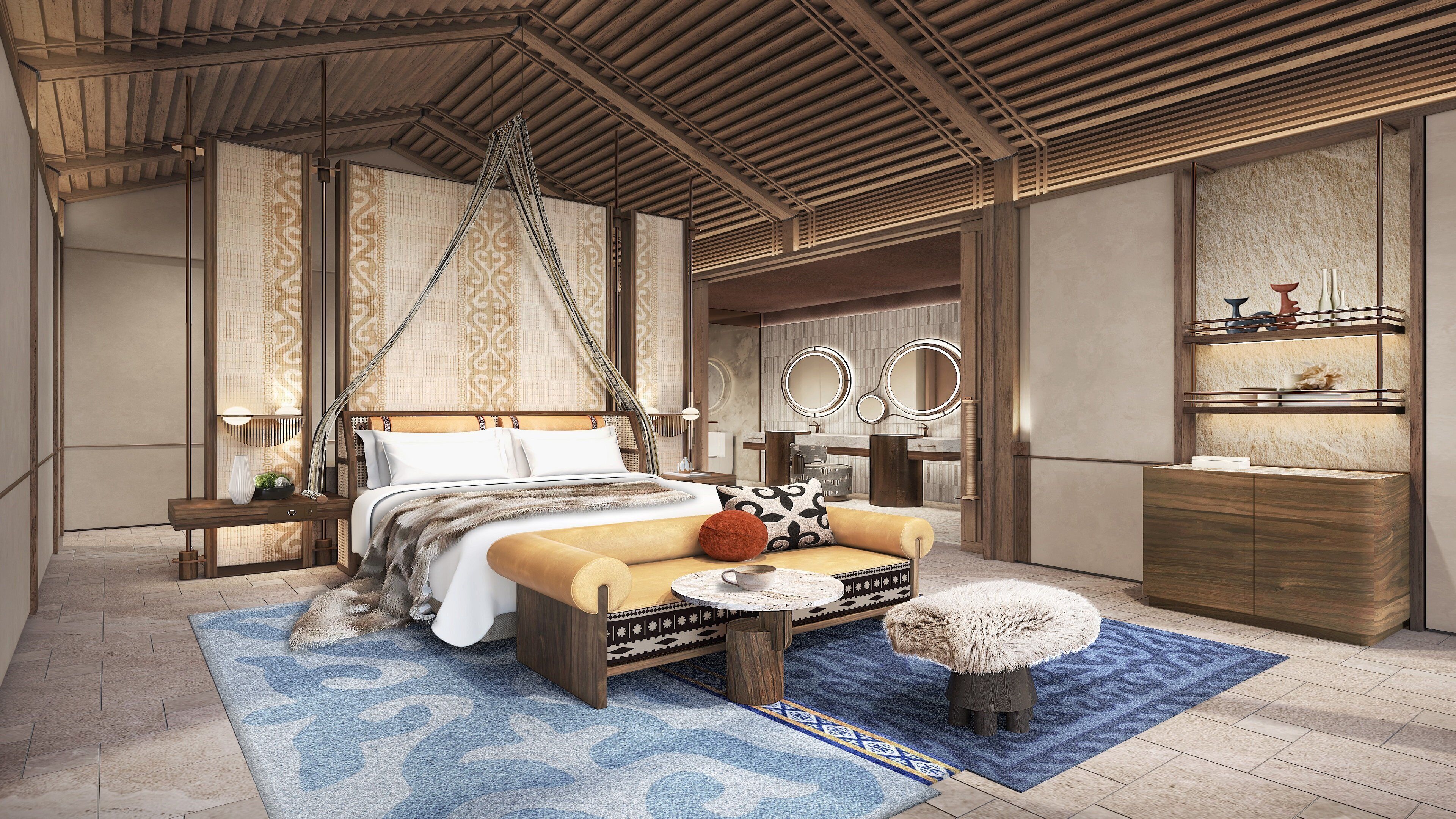 A modern bedroom with a bed, bedside tables, a vanity with mirrors, and a small stool.