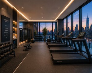 Academia moderna com esteiras, pesos e vista para o horizonte da cidade.