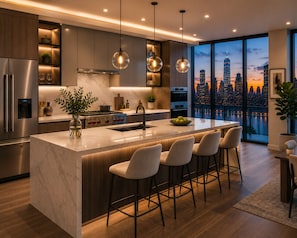 A modern kitchen with a large island, bar stools, and a view of a city skyline at dusk. - Jesselton Quay Citypads by Kota Kinabalu (Kota Kinabalu)
